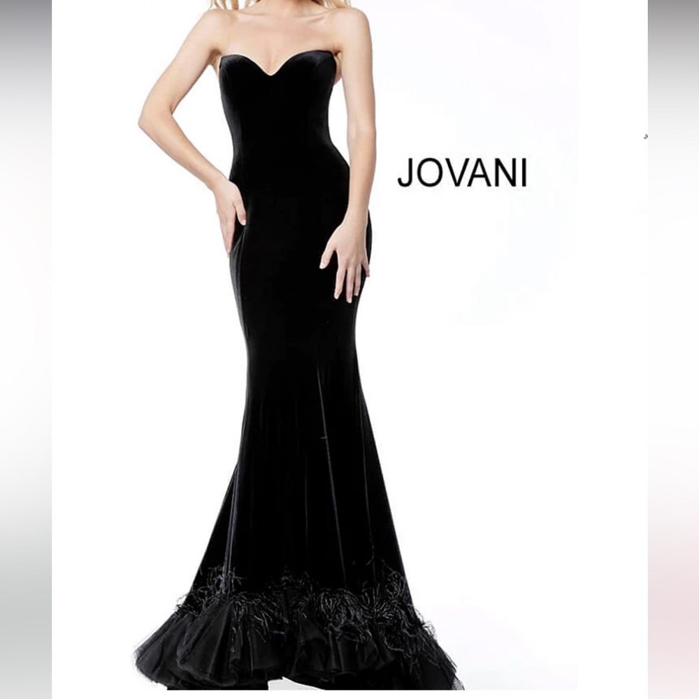 Jovani black velvet evening gown with feather detailing - Picture 2 of 2